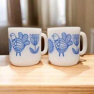 Vintage Glasbake Blue Bird & Tulip Milk Glass Mugs